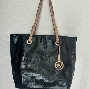 Michael Kors Black Patent Tote Bag Gold Accents